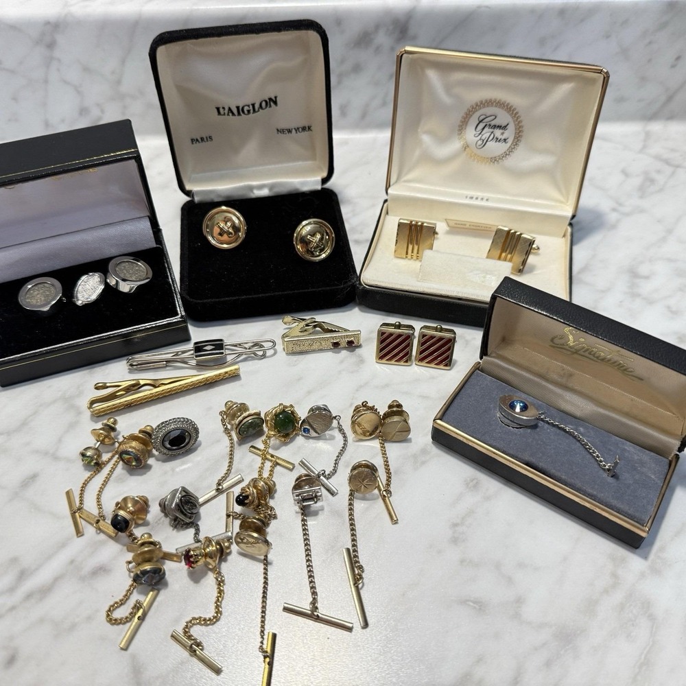 Vintage Men's Cufflinks Tie Tacks Lot 25 pcs Jade Gemstone Rivoli Rhinestone